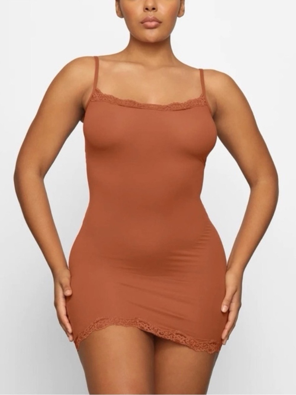 SKIMS Lace-Trim Slip Dress in Terracotta